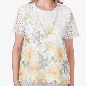 Alfred Dunner Charleston Short Sleeve Floral Lace Necklace Top Sze PM NWT